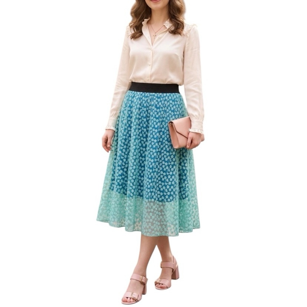 A-line Aqua floral midi skirt two-layered sheer lace skirt Fairy Romantic Twee